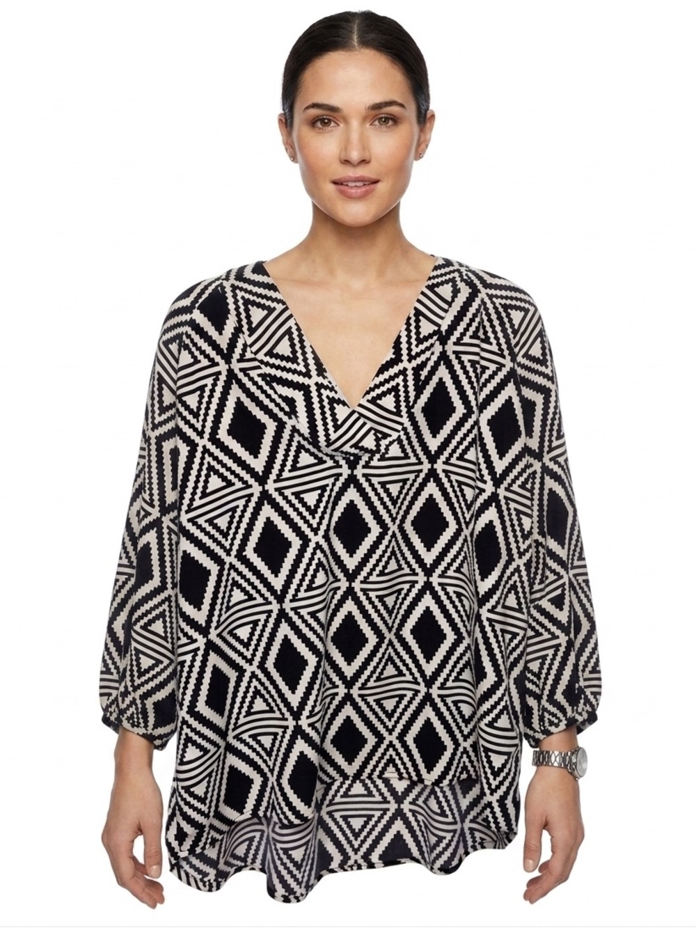 Chris & Carol Geometric Aztec Black & White High Low V Neck Blouse Large